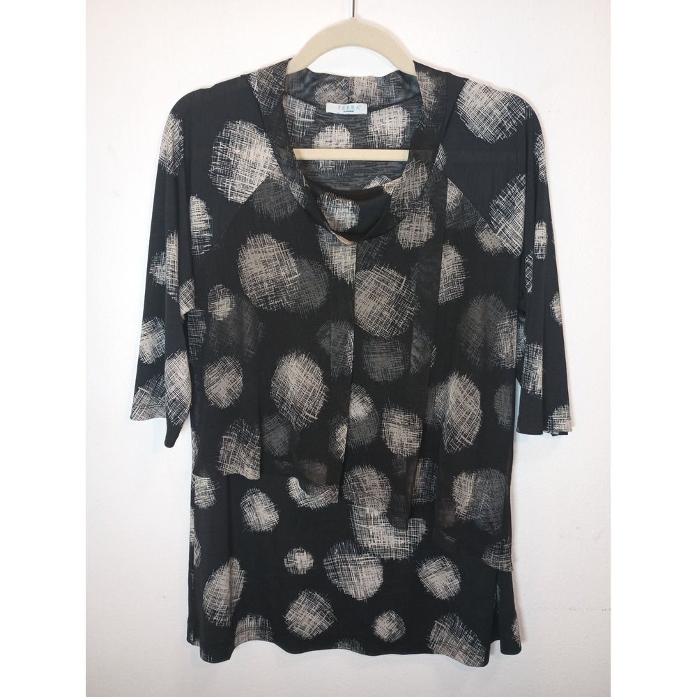 Terra SJ Women Black Grey Abstract Circle Print Cowl Neck Tunic Top Artsy M